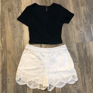 High Waisted White Shorts with Lace Up Back